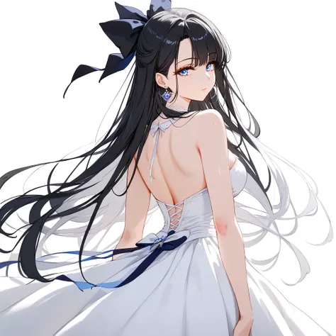 1 female,  black hair , blue eyes,  delicate face, beautiful, i love the earrings ,  white dress , standing,,  white dress , whi...