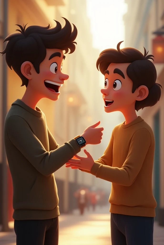 A smiling young man showing his smartwatch to his surprised friend saying goodbye 