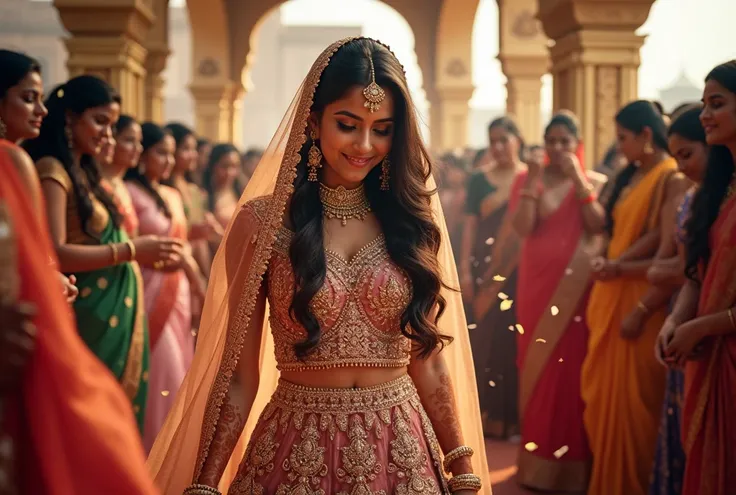 a beautiful 22 year old Indian girl is wearing a wedding dress, walking around the wedding pavilion with her husband and people around her throwing flowers, realstic 4k ultra HD image