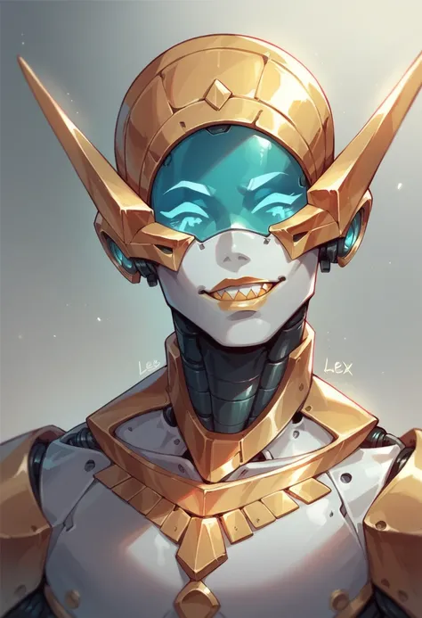 Blue Humanoid Robot,  with gold-colored teeth ,  with the name lex on the front