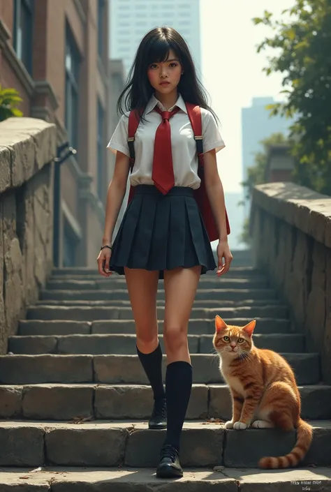 Highschool uniform girl version of a superhero, and cat on Stone Steps