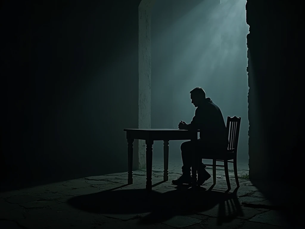  Silhouette of a man sitting at a table hiding in the dark looking at the scene, dark scene, wooden table in the dark , threatening, surrealist, dark fantasy, dramatic light, by Aitor Throup, ruins at night