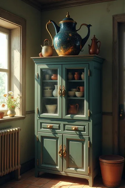 Create a picture of a bygone kitchen with a cupboard containing an outdated kettle ,  At the very top of the cupboard there is a magic kettle with a beautiful painting of stars and flowers