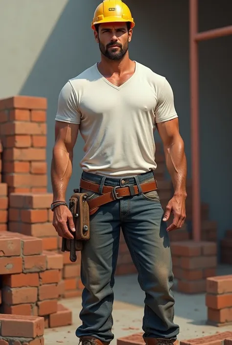  Athletic bricklayer of about 90 kg , 175 cm tall 42 years old ,  does not wear a beard and attractive . tanned,  brown hair like his eyes....   White muscular dress with dirt details and worn blue jeans. He wears a belt with tools ,  yellow helmet as well...