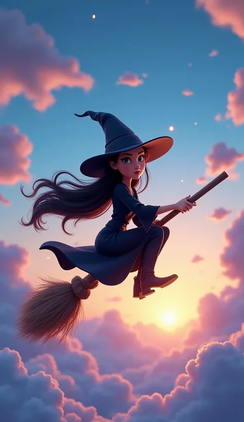 Black witch fly on broom in beautiful sky 3d animated cartoon