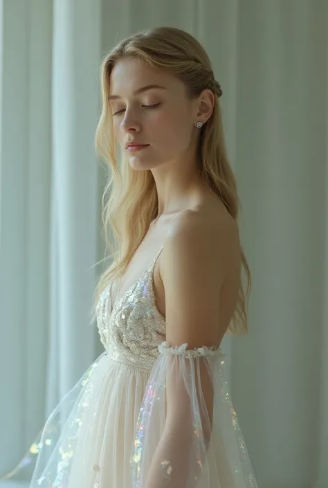 1girl, solo, long hair, looking at viewer, blonde hair, dress, holding, bare shoulders, jewelry, standing, full body, closed eyes, braid, earrings, indoors, hologram dress, , HOLOGRAM DESIGN