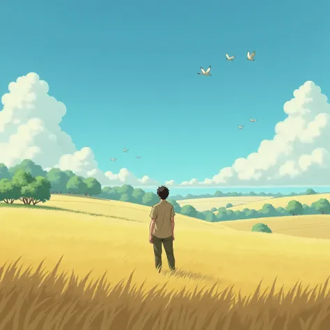 Studio ghibli type art... where a man is standing far  middle of a wheet field isolated no village near only wheet and trees afar foreground is also wheet 
Nice artistic and sunny day clouds blue sky shade and shadows are nice some birds are flying light b...