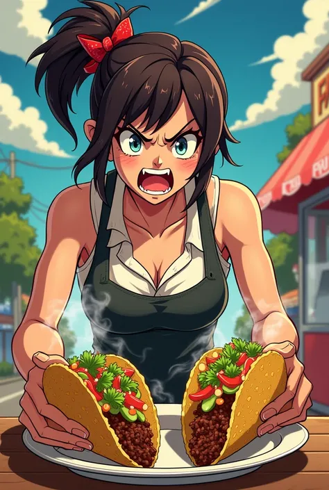 Woman manga serving tacos  angry 