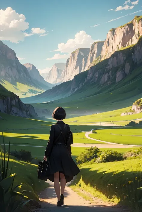 A woman with short hair walking through a beautiful landscape. 