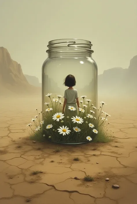 a painting that shows A desert, dry and gloomy one. At its center theres a jar, inside is a field of daisies. At the center of the field, theres a back of a girl standing.