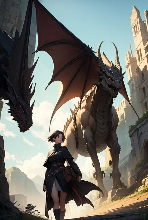 A short-haired woman walking through a medieval landscape with a dragon on the horizon.