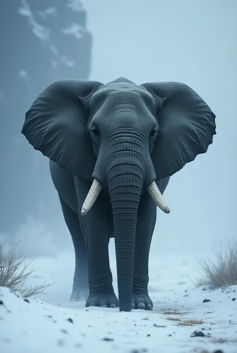 A elephant is walking on front in dark snow background.hyperrealstic