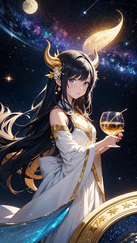 8k⒉5D Real Japanese Comic Style Heres a revised English prompt that incorporates your corrections: The picture showcases a whimsical and enchanting scene featuring a character with long black hair adorned with golden horns and flowers, standing inside a Tu...