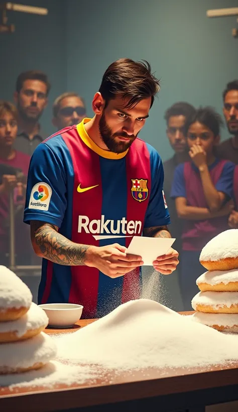 Messi(in his iconic bercelona red and blue football kit) sprinkling a massive amount of sugar into a dessert batter, looking very focused as he reads the recipe card. Around him are overflowing bags of sugar and a puzzled audience in the background."