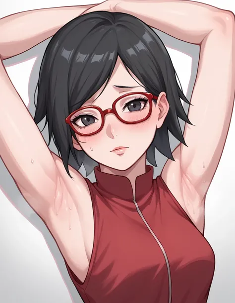 boruto,(sarada uchiha, short hair, black hair, black eyes, red-framed eyewear, glasses, swept bangs:1.1)(Armpit,脇の皺:1.3)，(steam，steamimg:1.1)，  red dress , is embarrassing,rest room