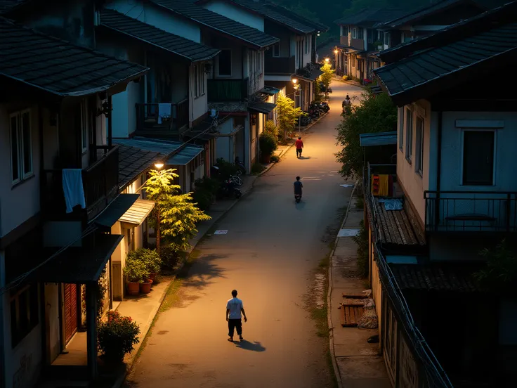   Portrait of an alley in a residential area of a city in Indonesia at night sees several people on the street, image taken from a drone at a height of 10 meters 