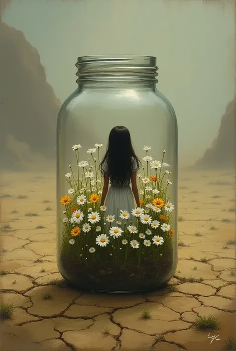 a landscape painting that shows A desert, dry and gloomy one. At its center theres a jar, inside is a field of daisies. At the center of the field, theres a back of a girl with long hair standing.