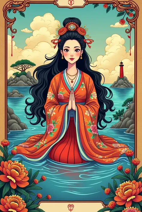 Create a bright colorful cartoon style tarot card illustration , close-up of an incredibly beautiful big Chinese goddess in a kimono sits in the water and a large island with a lighthouse is placed around her arms, she hugs this island in the Waite-Smith s...