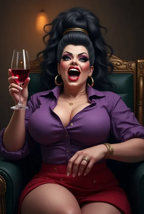 50 year old tall large muscular big woman, masculine face , big jaw , mature big tall and busty with massive tits , very pale skin , wearing purple button shirt and red short skirt , sitting on throne in dominating and bossy position, holding a small glass...