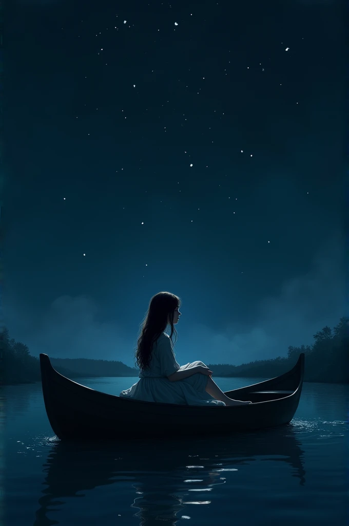 A beautiful girl sitting in the boat very dark night 