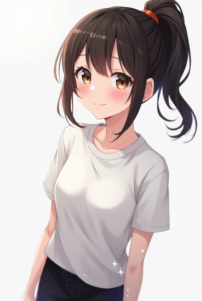 High Resolution, Masterpiece, Best Quality, HD, High Quality, Quality, Bangs, Ponytail, Short Hair, Short Ponytail, High Ponytail, Black Hair, Breasts, Smile, Closed Mouth, Light Blush, brown Eyes, Simple background, POV, Sparkle, Anime, Anime Style, white...