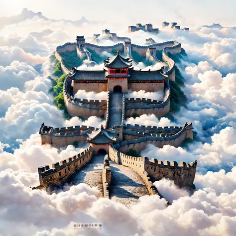 zihui_(font),eastern_dragon,Great Wall,(white_background:1.1),architecture,east_asian_architecture,tower,cloud,illustration,(simple_background:1.1),