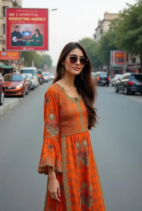 Pakistani beautiful realistic model full body cover salwar Kamez dress long brown hair sunglasses stylish attitude big smile dimpal age 18 years old fair skin 
They are standing on the road and there is a huge signboard on the road with a huge inscription ...