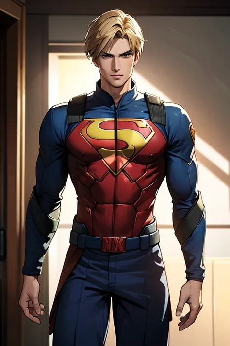 (  High-definition CG), (Best Quality),     a superhero and has a beautiful body,   hero costume , Handsome and cool young man   ,       Slim and Muscular      , My skin is brown  ,  blonde, Frivolous,   sensual vibe  ,