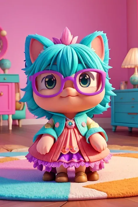 Visualize an enchanting hedgehog, with an eye-catching display of pink and purple spikes that seem to dance with energy, elegantly outfitted with oversized teal glasses complementing its lively demeanor. Dressed in a stunning patchwork ensemble, it recline...