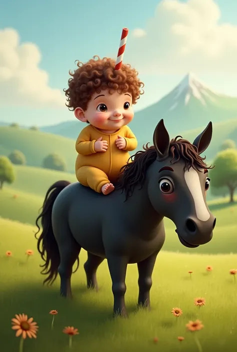 Create a curly brown-haired drink with a brown eye with your little sister my 3-month-old baby on top of a black horse in a pasture