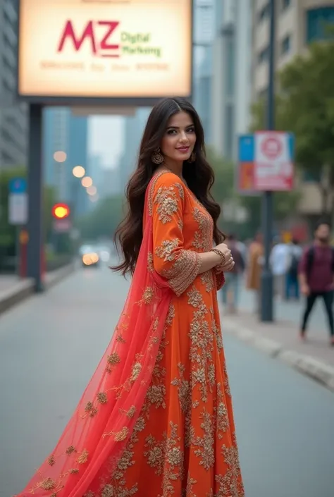 Pakistani beautiful realistic model full body cover salwar Kamez dress long brown hair sunglasses stylish attitude big smile dimpal age 18 years old fair skin 
They are standing on the road and there is a huge signboard on the road with a huge inscription ...