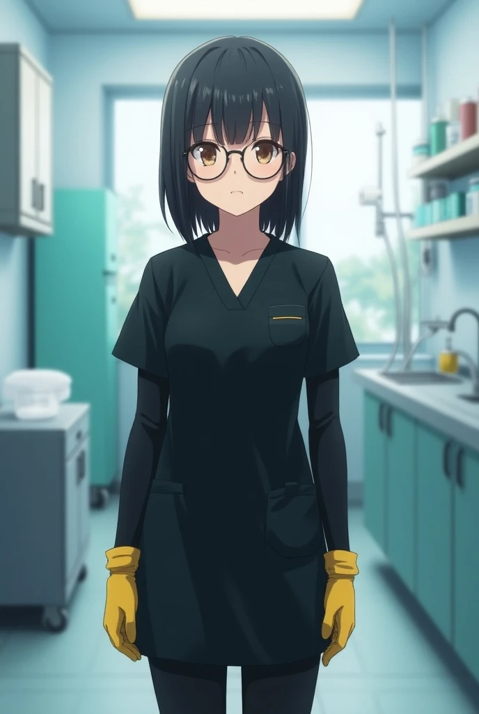 hinata as an 1girl, bangs, round glasses, ((yellow medical gloves)), ((((long sleeves)))), looking at viewer, ((black doctor outfit)), standing, soloakasuki me6