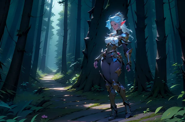 
Naked fairy girls,  long blue hair, elf ears, purple eyes, large hips, large breasts, in sexy armor, glowing magic sword, fantasy, full body, glowing flowers, Fireflies, wispy light streaks in the air, in dark forest