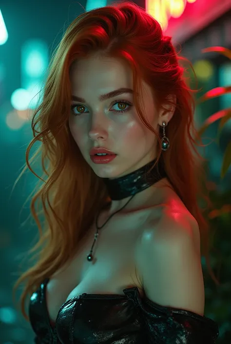 a woman with red hair, hyper-realistic, shiny/glossy skin, modern jewelry, Gongbi, Portrait, dark teal and light gold, tropical landscapes, Portrait photo of the face of a 21-year-old German woman, .RAW, Beautiful woman, half stCRUberry lips, stCRUberry li...