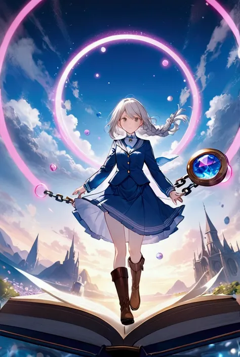 HD,  hyper detailed ,  high-resolution , cinematic, dramatic, bokeh, depth of field,  1 woman jump in the foreground , Does  , silver hair, light grey hair,  long hair, zopf, braid, blue fantasy uniform ,  Victorian uniform , fantasy,  golden details , bro...