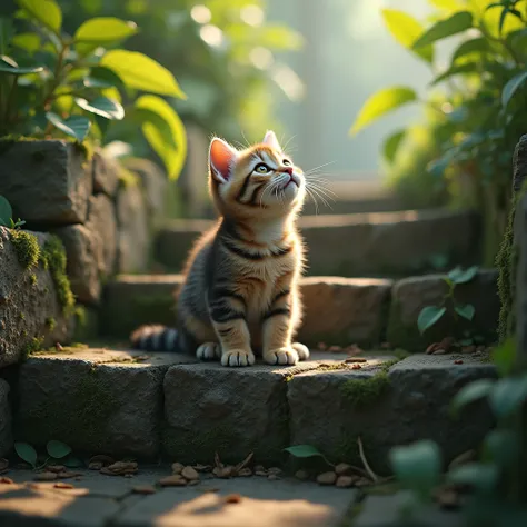 A photorealistic scene of a small cat sitting on old stone steps, the steps are weathered and covered with moss, surrounded by overgrown greenery, sunlight filtering through the leaves, soft shadows. The cat is gazing upward with a curious expression, its ...