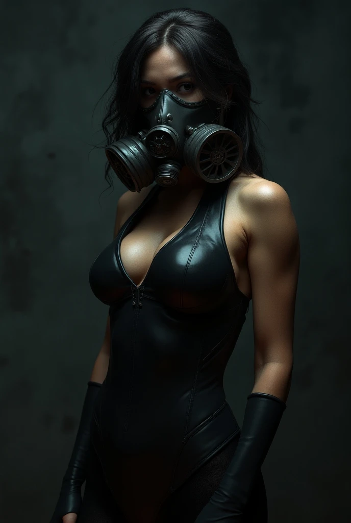 (photorealism:1.2), beautiful woman, gas mask, sexy futanari bodysuit 
