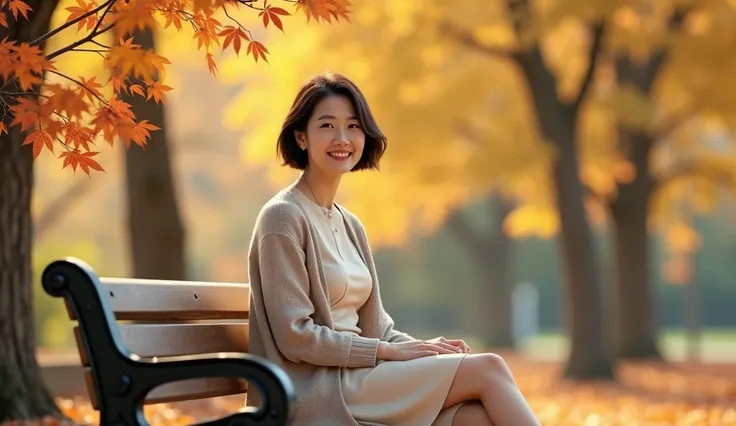 A beautiful short Korean woman in her 50s 、short medium length hair、 top quality 、 ultra-detailed 、High quality detailing 、8ｋ、Deep autumn park 、A beautiful Korean woman in her 50s .  Im wearing a luxury luxury beige round dress and a luxury short cardigan....