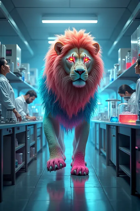 A modern scientific laboratory filled with advanced equipment and glass containers. In the center, a majestic lion stands transformed with vibrant, colorful scales and glowing eyes after consuming a mysterious chemical. Surrounding the lion are scientists ...