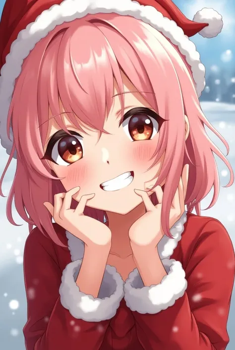 Natsuki from Ddlc wearing a Santa Claus hat