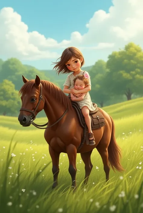 Create a brown-haired chick with her 3-month-old little sister on top of a billet horse in a pasture