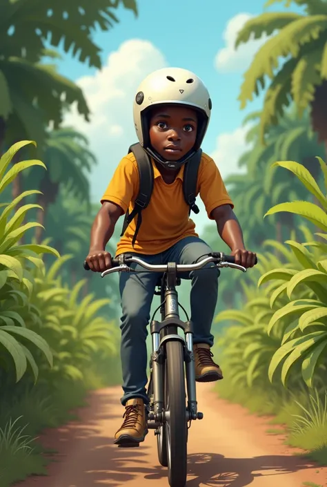 Dessiner un jeune homme africain noir de 14 ans sur un cyclomoteur portant son casque.
Le fond de limage est vert