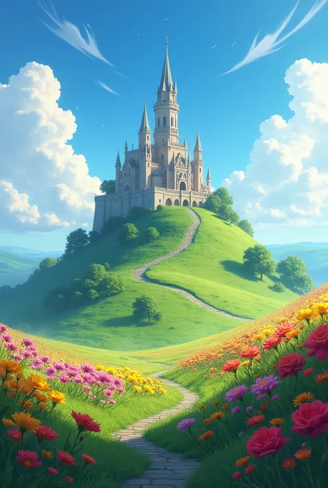 A beautiful scenery of a hill filled with greenery and flowers with castle on one end make it more realistic