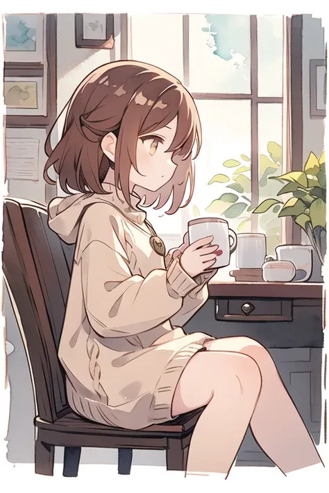 masterpiece, Best Quality,  1 girl,  reddish brown or knit , Chestnut Hair、There is mesh in the hair、Droopy eyes, yellow pin 、Picture of holding a mug with both hands、profile、 is sitting、watercolor ( medium)