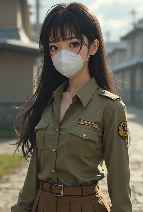 Korean Female long hair with bang wear long sleeved button shirts Khaki colour with belt and skirts khaki brown colour has military insignia Unbottoned collar view from side view Reality wear white mask 