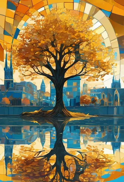 Stylized tree with swirling golden leaves next to a calm body of water reflecting a cityscape with a prominent cathedral, Peaceful urban fantasy, Digital painting, Mosaic style, with elements of Art Nouveau and Cubism, Mix of styles of Gustav Klimt and Van...