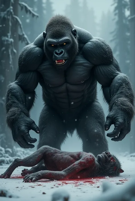 "A towering, muscular gorilla stands victoriously over a bloodied werewolf in a hyperrealistic scene. The gorillas posture radiates dominance and raw power, its thick, scarred muscles and intense expression highlighted against a dark, snowy background. The...