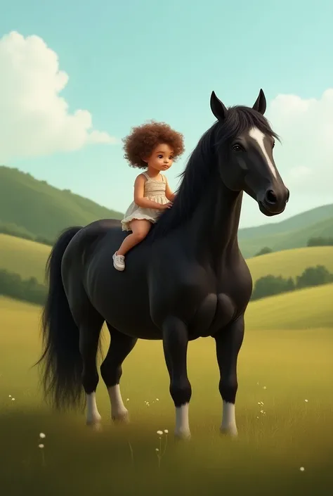 Create a brown-haired curly hair with your 3-month-old little sister on top of a black horse in a pasture