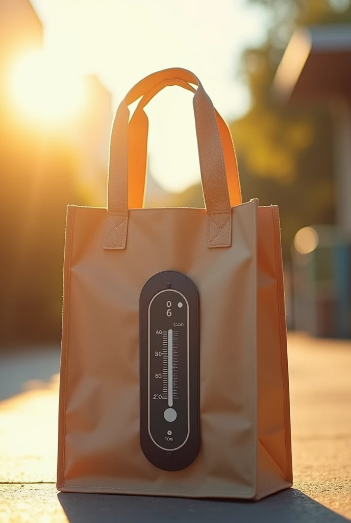 a grocery bags with a vertical temperature control panel, without groceries, outside on a hot day