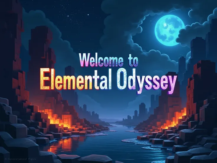 Make a picture intro Welcome to Elemental Odyssey,  must be Elemental Odyssey text The background must contain voxel elements,  the picture must be water elemental , fire , lands,  wind , darkness, lights .